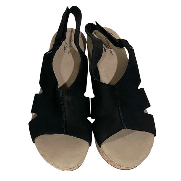 Clarks Women Annadel Bari Sandal Size 9 M Black Leather Cork Wedge Heel Platform - Picture 3 of 9